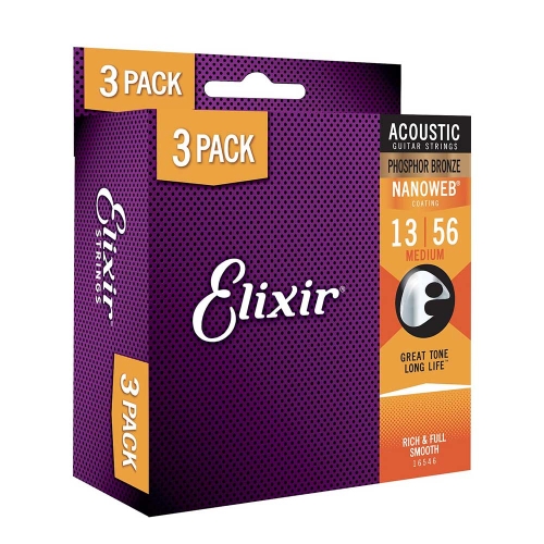 Elixir 16546 (3 sets 16102) Nanoweb Phosphor Bronze Akoestische Snaren (13-56) 3-Pack