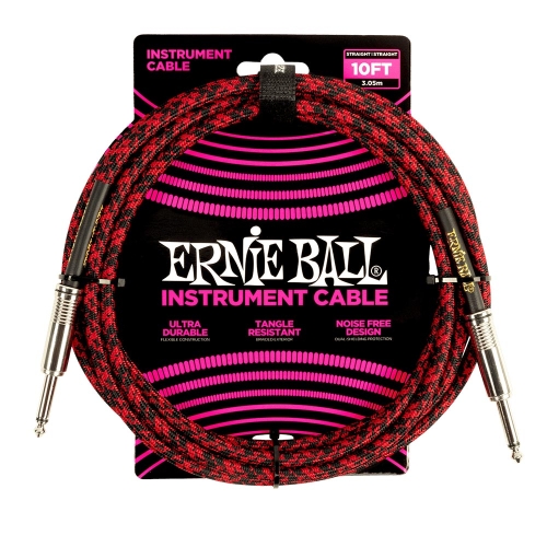 Ernie Ball 6394 Gevlochten Gitaarkabel Rood en Zwart 3 Meter