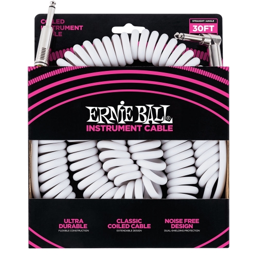 Ernie Ball EEB6045 Krulkabel Gitaar 9 Meter Wit - Recht/Haakse Plug